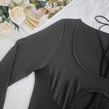 Black Long Sleeve Mesh See-Through Sexy Hollow-Out Bodysuit