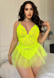 Plus Size Sexy Lingerie Yellow See-Through Lace Mesh Night Dress