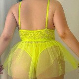 Plus Size Sexy Lingerie Yellow See-Through Lace Mesh Night Dress