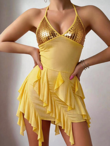 Sexy Lingerie Yellow Sequin Halter Low Back Dress with Thong