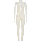 Solid Plunge Neck Halter Backless Tight Jumpsuit