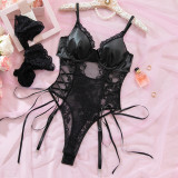 Sexy Black Lace Patchwork Pu Leather Bodysuit Lingerie Set