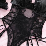 Sexy Black Lace Patchwork Pu Leather Bodysuit Lingerie Set