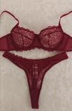Burgundy Sexy See-Through Lace Bra Thong Lingerie Set
