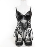 Sexy Black Lace Patchwork Pu Leather Bodysuit Lingerie Set