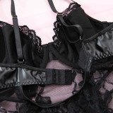Sexy Black Lace Patchwork Pu Leather Bodysuit Lingerie Set