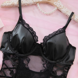 Sexy Black Lace Patchwork Pu Leather Bodysuit Lingerie Set