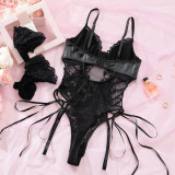 Sexy Black Lace Patchwork Pu Leather Bodysuit Lingerie Set