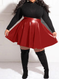 Plus Size Black PU Leather High Waist A-line Slim Pleated Skirt