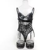 Sexy Black Lace Patchwork Pu Leather Bodysuit Lingerie Set