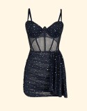 Sexy Slip Dress Strap Sequin Mesh Nightgown Underwired Padded Bra Fishbone Dress