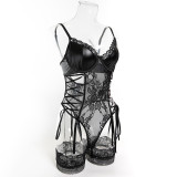 Sexy Black Lace Patchwork Pu Leather Bodysuit Lingerie Set