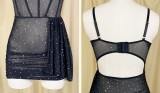 Sexy Slip Dress Strap Sequin Mesh Nightgown Underwired Padded Bra Fishbone Dress