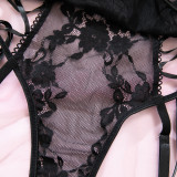Sexy Black Lace Patchwork Pu Leather Bodysuit Lingerie Set