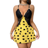 Sexy Lace Patchwork Heart Print Strap Nightdress