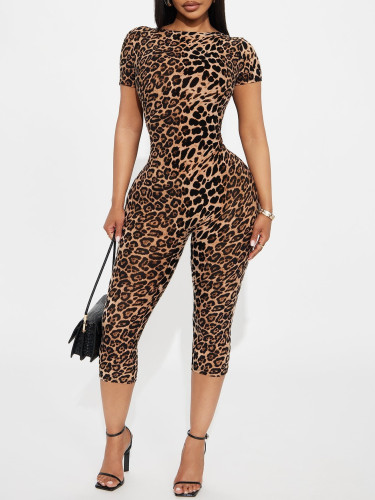 Leopard Print Backless Short Sleeve Tight Rompers
