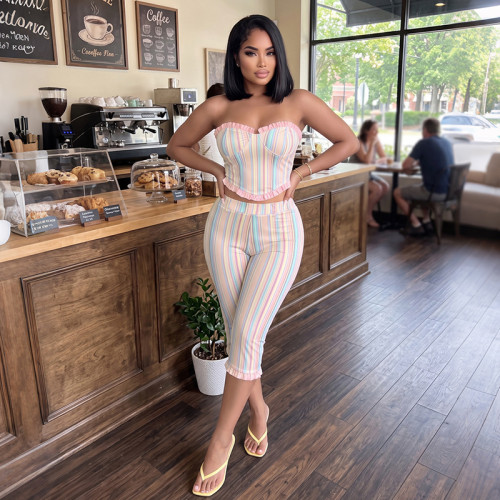 Sexy Striped Strapless Tube Top and Capri Pants Two Piece Set