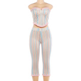 Sexy Striped Strapless Tube Top and Capri Pants Two Piece Set