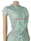 Short Sleeve Waffle Hooded Zipper Jacket Shorts Two Piece Set