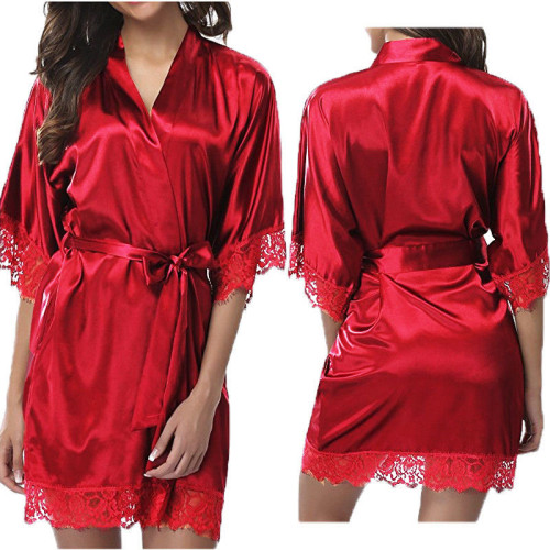 Women Lace Trim Tie Waist Leisure Home Robe