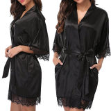 Women Lace Trim Tie Waist Leisure Home Robe