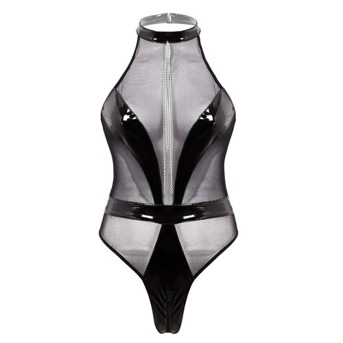 Sexy Lingerie Women PU Leather Mesh Patchwork Low Back Bodysuit Teddy Lingerie