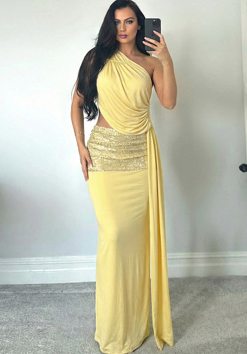 Sexy Slash Shoulder Backless Sequin Patchwork Evening Dress