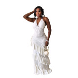 Women Solid Halter-Neck Deep-V Ruffle Long Evening Dress