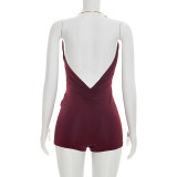 Solid Metal Decor Halter Neck Backless Ruched Tight Romper