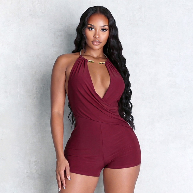 Solid Metal Decor Halter Neck Backless Ruched Tight Romper