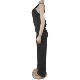 Solid Knot Halter Tie Back Top and Wide Leg Pants Two Piece Set
