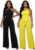 Solid Knot Halter Tie Back Top and Wide Leg Pants Two Piece Set