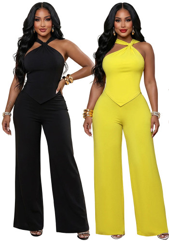 Solid Knot Halter Tie Back Top and Wide Leg Pants Two Piece Set