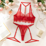 Women Hollow Out Eyelash Lace Halter Neck Lingerie Set with Detachable Leg Loops