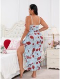 Plus Size Lingerie Contrast Floral Mesh Ruffle Slit Night Dress