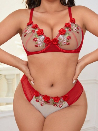 Plus Size Lingerie Rose Embroidered Bra and Pantie See Through Lingerie Set