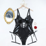 Plus Size Lingerie PU Leather Mesh Patchwork Lace-up Teddy Lingerie