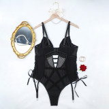 Plus Size Lingerie PU Leather Mesh Patchwork Lace-up Teddy Lingerie