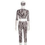 Sexy Print V-bar Crop Top and Capri Pants Two Piece Set with Headband