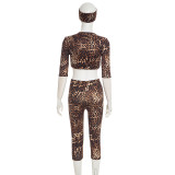 Sexy Print V-bar Crop Top and Capri Pants Two Piece Set with Headband