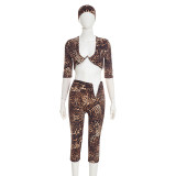 Sexy Print V-bar Crop Top and Capri Pants Two Piece Set with Headband