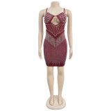 Sexy Rhinestone Beaded Mesh Patchwork Straps Tassel Club Dress