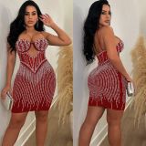 Sexy Rhinestone Beaded Mesh Patchwork Straps Tassel Club Dress