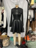 Black PU-Leather Patchwork Stand Collar Long Sleeve Zipper A-Line Dress