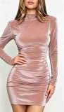 Solid Velvet Long Sleeve Mock Neck Bodycon Dress