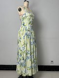 Printed Halter Neck Slim Waist Long Swing Dress
