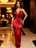 Red Print Cowl Neck Low Back Sexy Evening Dress