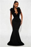 Solid Ruffles V-Neck Backless Sexy Evening Dress