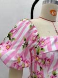 Printed Puff Sleeve Lace-up Back Slim Waist Long Swing Dress