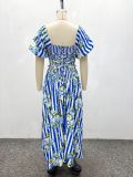 Printed Puff Sleeve Lace-up Back Slim Waist Long Swing Dress